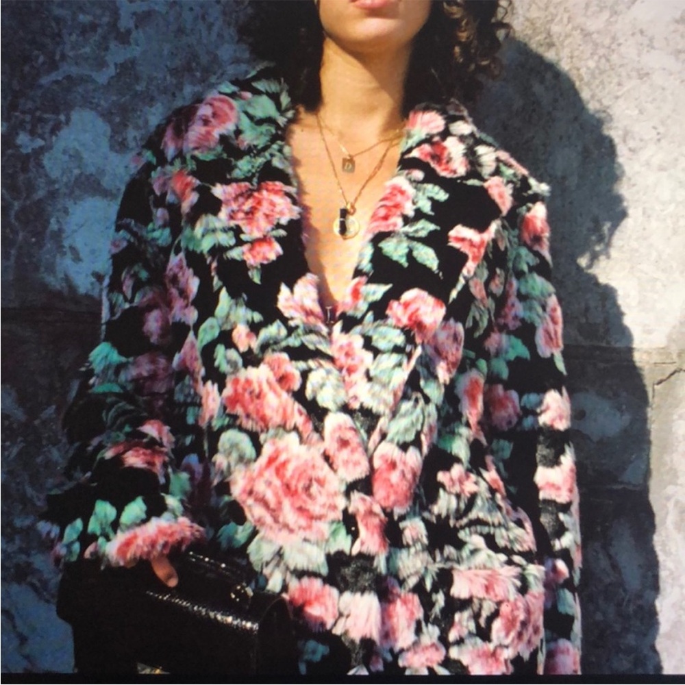 NWOT! The Kooples Neon Rose Floral-Print Faux-Fur Coat - Picture 7 of 13